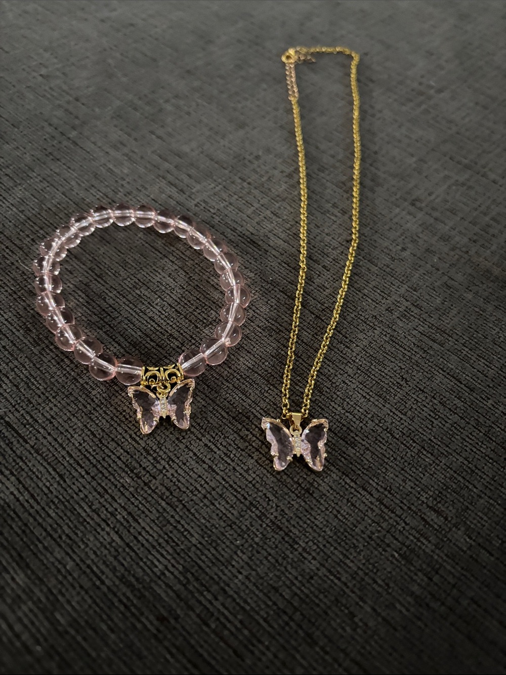 Pink Crystal Butterfly Necklace and Bracelet Set
